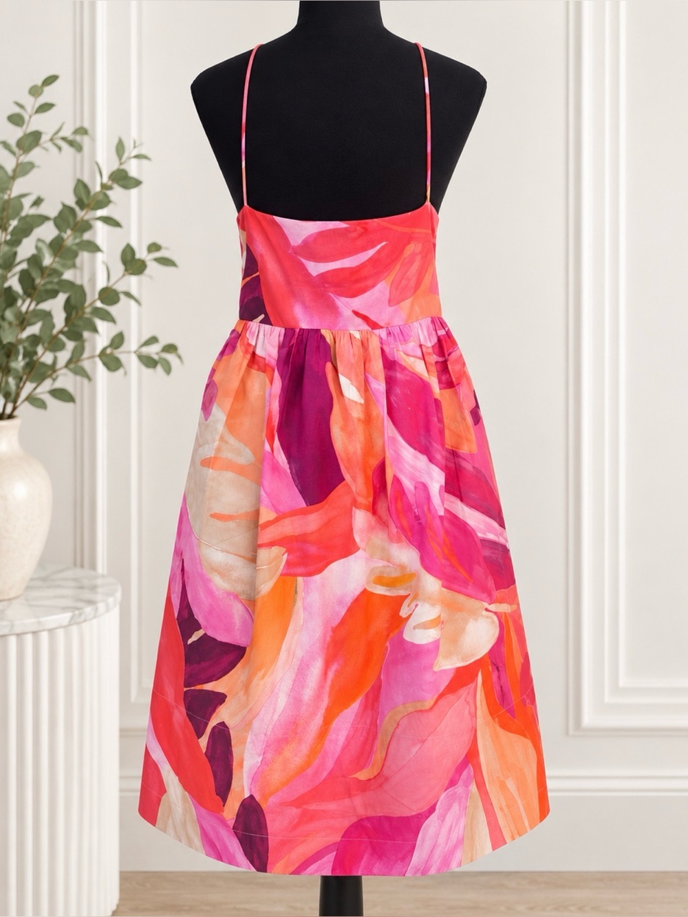 H&M Pink Orange Floral Pleated Spaghetti Strap Fit & Flare Dress size XXL - Picture 10 of 14